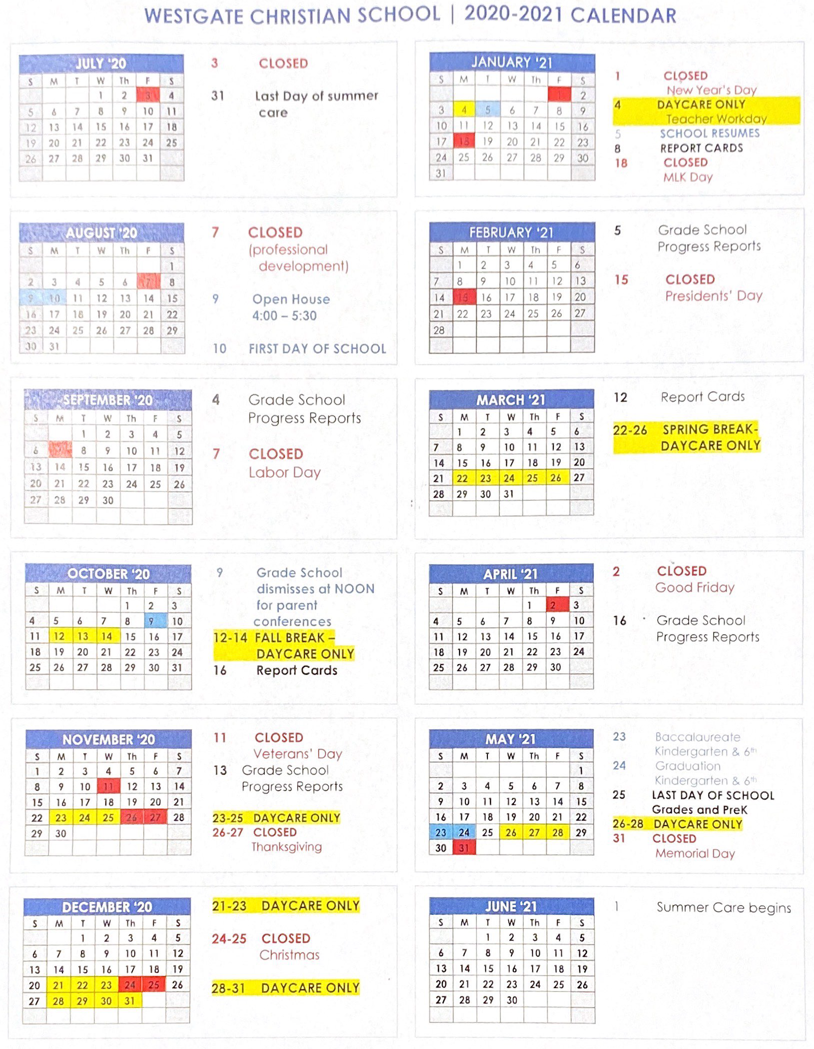 School Calendar Westgate Christian School
